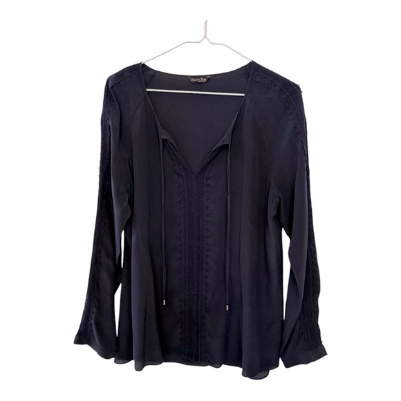Massimo Duttu Women's Navy Blue Popover Blouse Shirt Top Semi Sheer V Neck Lace - Picture 1 of 11